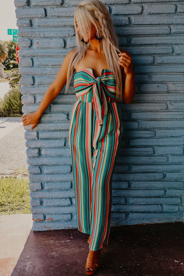 Seafoam Green Striped Strapless Jumpsuit