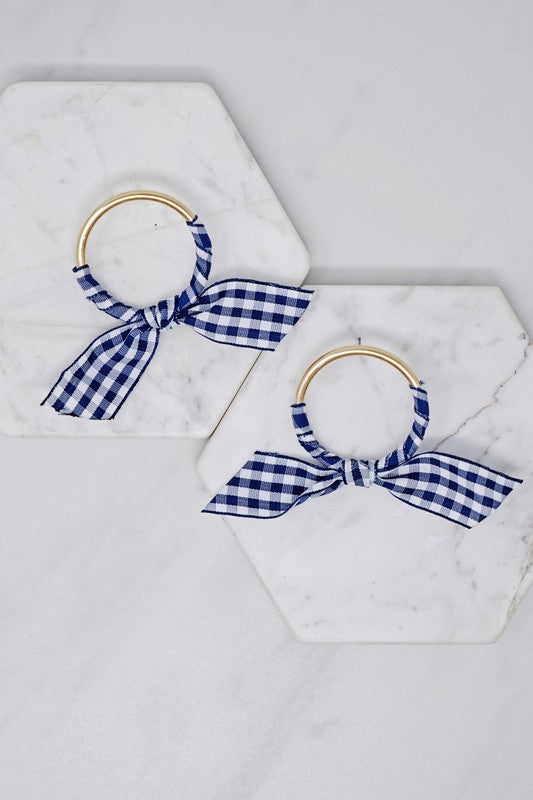 Plaid Ribbon Gold Hoop Earrings (Blue)