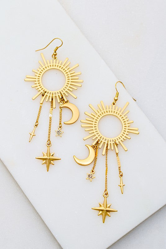 Reach For the Moon and Stars Gold Drop Earrings