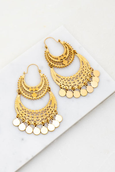 Bohemian Crescent Disk Drop Earrings (Gold)