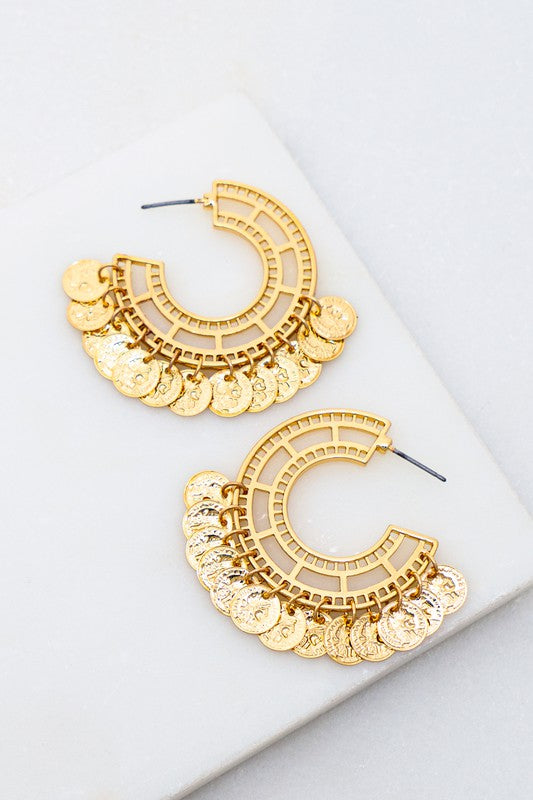 Keep It Classy Coin Charm Half Hoop Earrings (Gold)