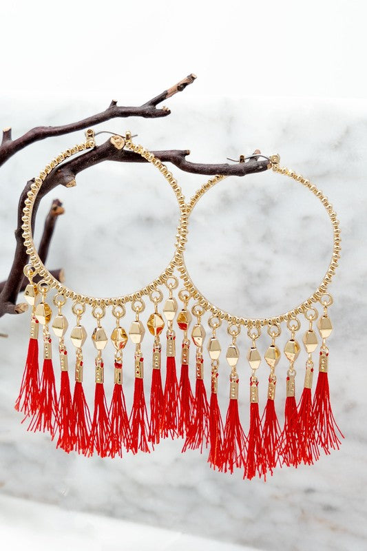 Antique Tassel and Bead Gold Hoop Earrings (Red)