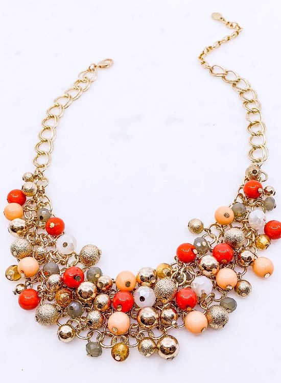 Coral Bead Cluster Statement Necklace