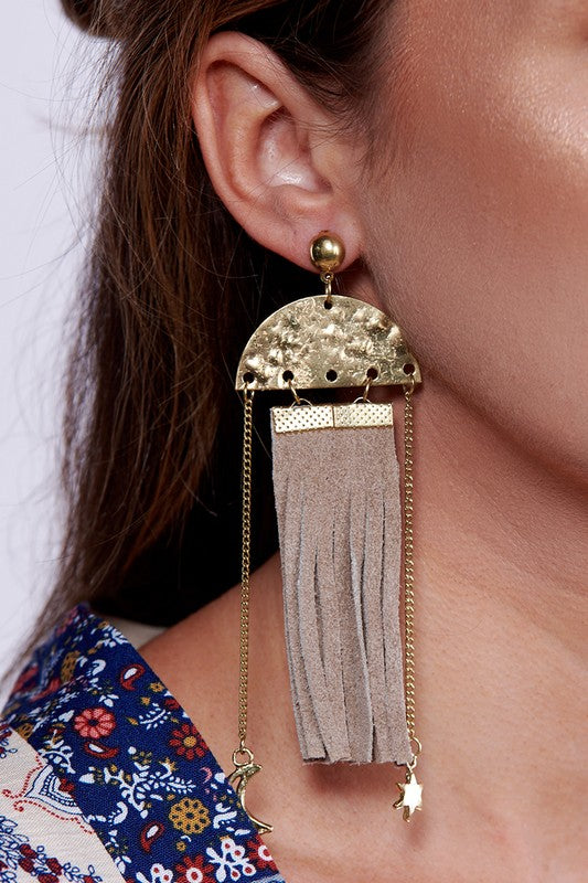 Taupe Suede Tassel Drop Statement Earrings