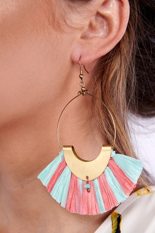 Raffia Cotton Candy Fan Tassel Earring