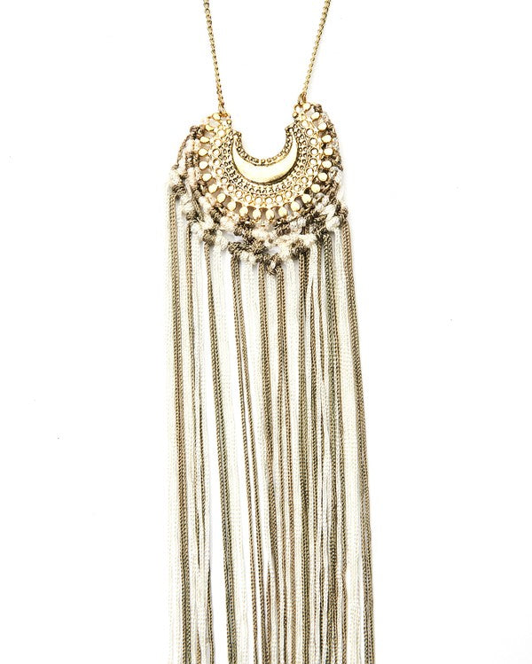 Crescent Medallion Tassel Statement Necklace