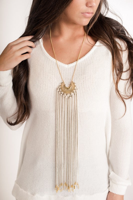 Crescent Medallion Tassel Statement Necklace