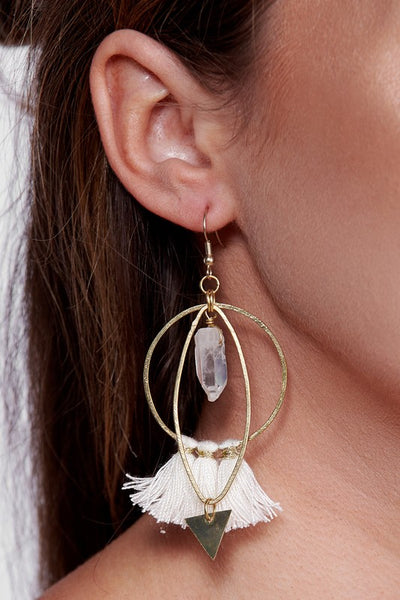 Gold Antique Crystal Hoop Tassel Earrings