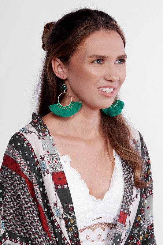 Green Stone Tassel Drop Earrings