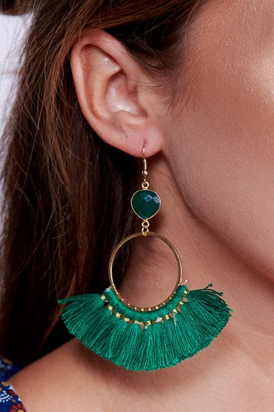 Green Stone Tassel Drop Earrings