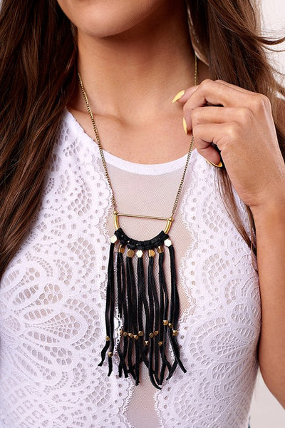 Boss Black Suede Tassel Statement Necklace