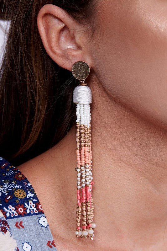 Rose Gold Beaded Tassel Statement Earrings