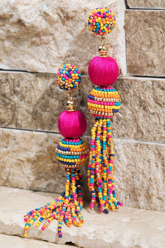 Bold Statement Beaded Tassel Earrings (Magenta)