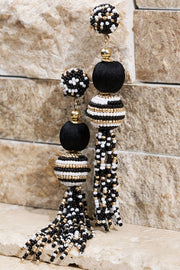 Bold Statement Beaded Tassel Earrings (Black)