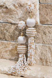 Bold Statement Beaded Tassel Earrings (White)